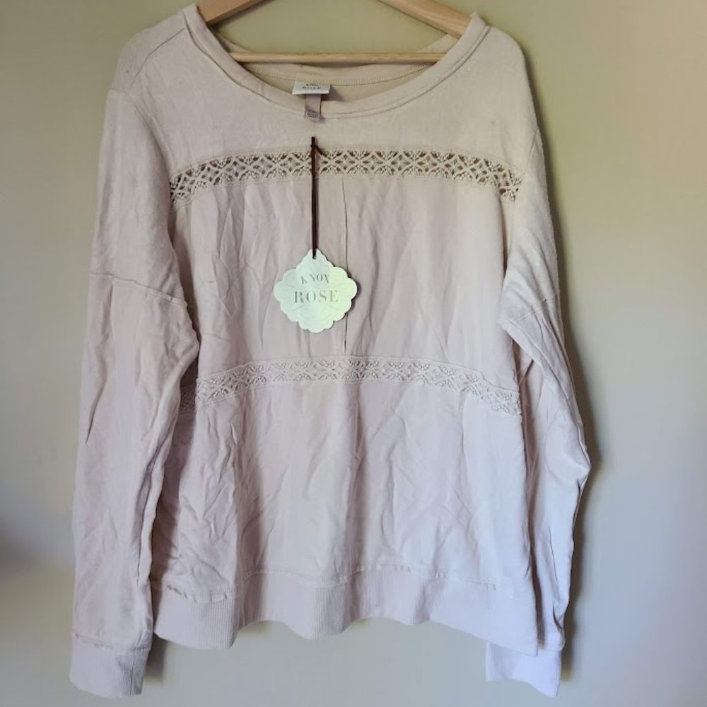 Knox Rose Lace Stripes  Long Sleeve Pullover Top Color Oatmeal , Size XXL